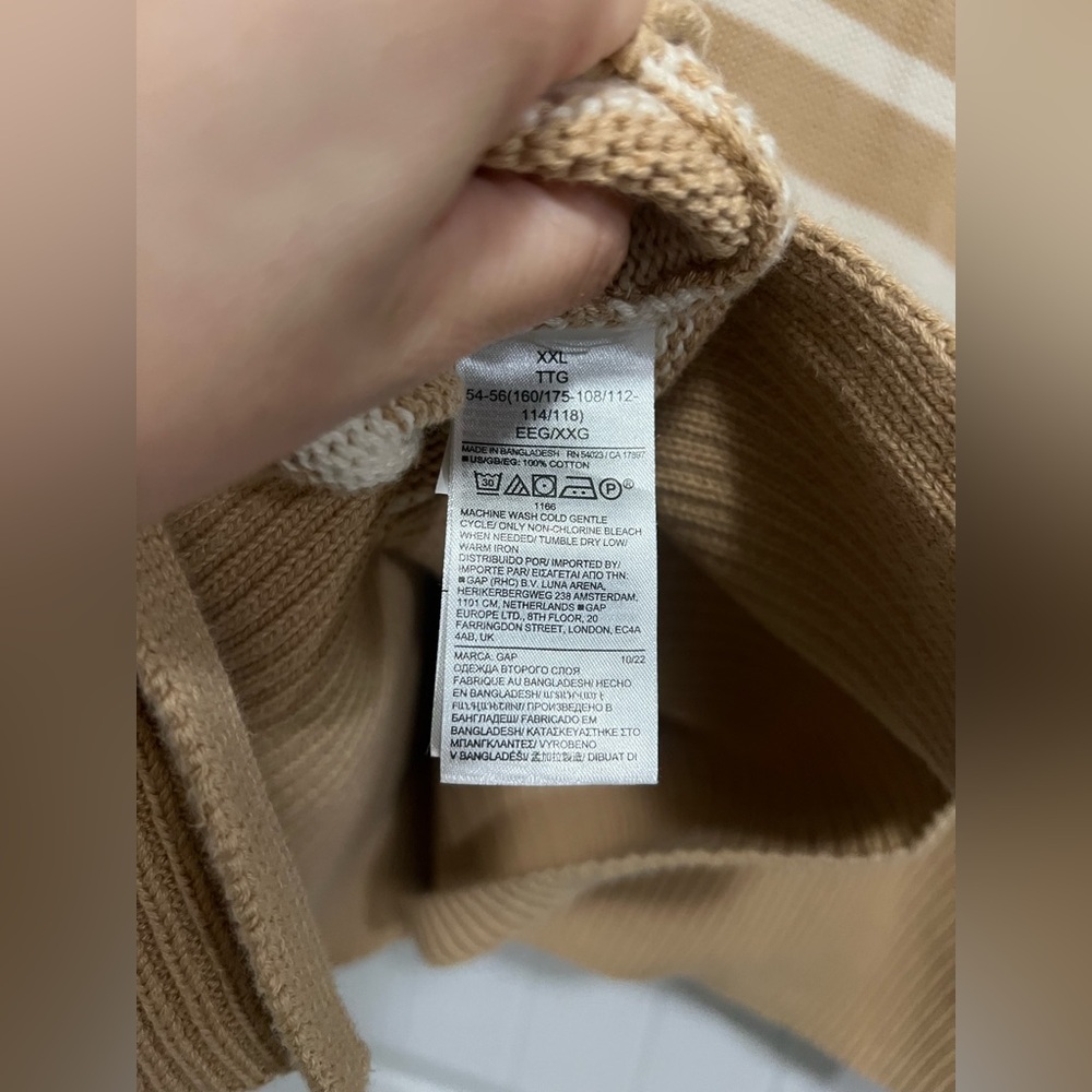 GAP 24/7 Split Hem Turtleneck Sweater 2X Camel Stripe Tan Cream Oversized Chunky - Picture 3 of 8